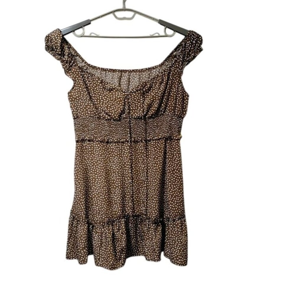Babydoll Whimsy Ruffle Hem Tie Boho, Cocquette Empire Waist Mini Dress Khaki XXL - Picture 2 of 12